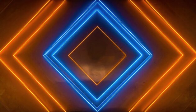 Abstract Neon Rhombus Tunnel with Blue and Orange Glowing Lines on Dark Background