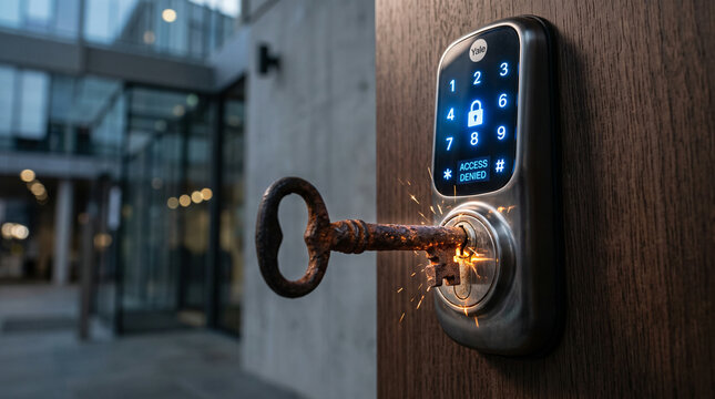 Old key inserted into a modern digital door lock unable to turn  