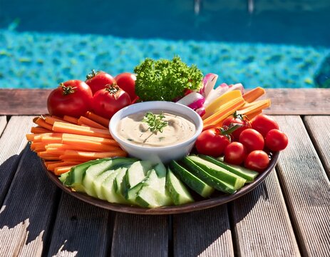 fresh vegetable crudite platter with creamy herb dip at poolside vegetables appetizer
