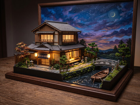 intricate miniature diorama of a traditional two-story Japanese inn (ryokan) with interior lights set along a peaceful canal at night