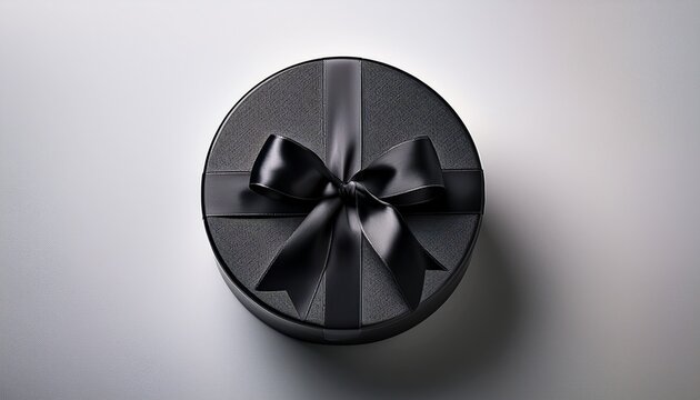 round black gift box with ribbon on white background