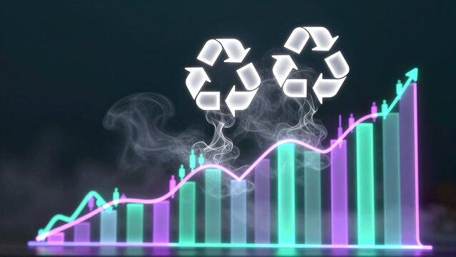 Recycling growth chart with glowing arrows and rising bars against a dark background.