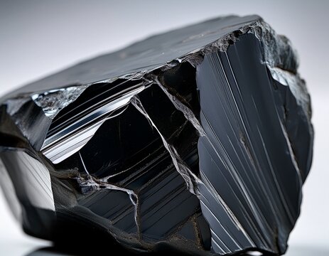 closeup of a piece of black obsidian volcanic glass with sharp edges and conchoidal fracture