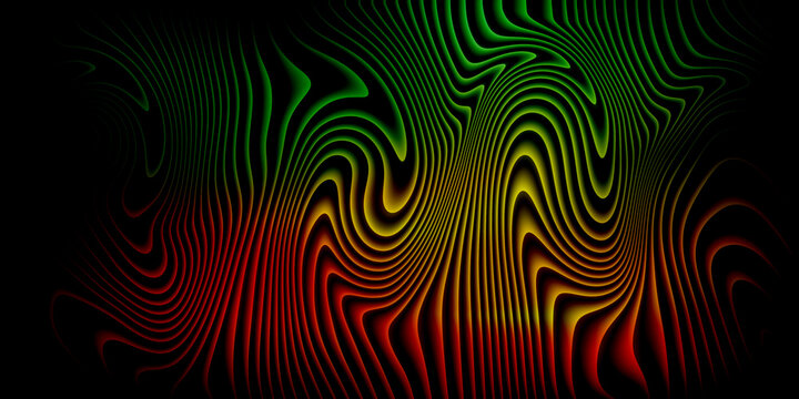 Distorted liquid swirl pattern in reggae colors provides trippy psychedelic visual for music themes.