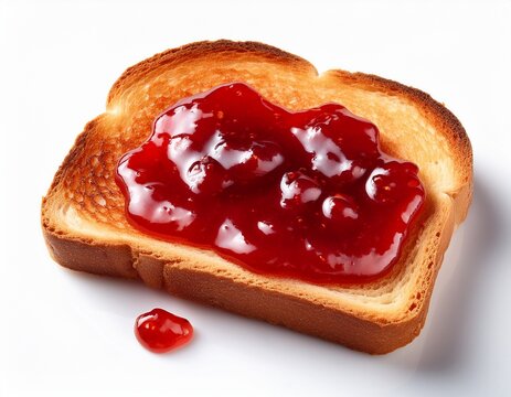 slice of toasted bread with red jam on white background