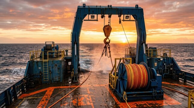 Deep sea vessel stern with crane hook, launch frame, tether, deck markings, and seawater mist at sunset