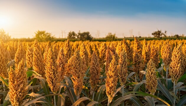 mature sorghum stalks swaying golden in sunlight representing agricultural sustainability and bountiful crop potential