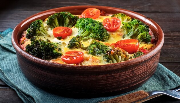 healthy vegetable casserole with broccoli and tomatoes in rustic pottery bowl broccoli vegetable