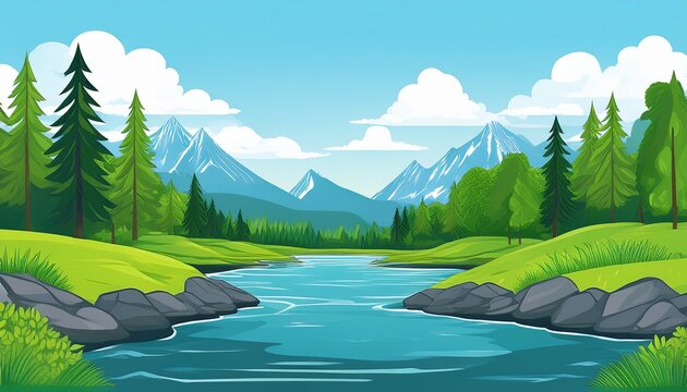 picturesque river landscape with lush green trees and rocky mountain peaks in the background