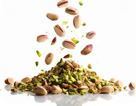 a pile of chopped pistachio nuts with some pieces floating above