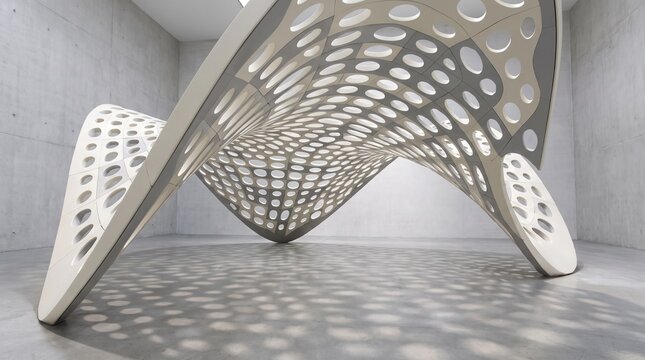 A futuristic architectural structure with a perforated surface creating a unique and artistic abstract background for modern design projects