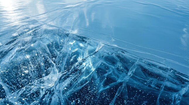 Cracked frozen lake surface with deep fissures and air bubbles trapped under thick blue transparent ice during cold winter season