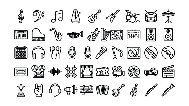 Collection of Musical Instruments and Audio Equipment Line Icons with Transparent Background for Creative Projects