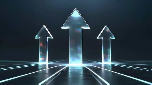 Three glowing arrows point upward, symbolizing progress and growth in a futuristic setting.