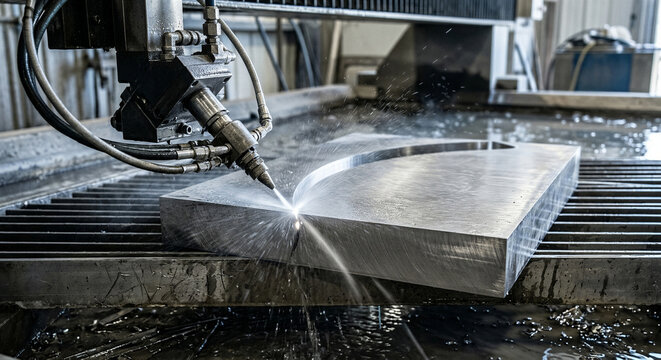Waterjet cutting machine slicing thick brushed titanium metal slab with high pressure stream in industrial workshop