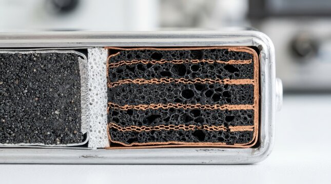 Graphene-enhanced lithium-ion battery cross-section with layered anode and cathode foils, carbon lattice, electrolyte channels, and silver aluminum casing.