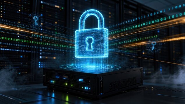 Digital cybersecurity padlock icon glowing over server hardware in data center protects sensitive information and ensures network privacy for enterprises.