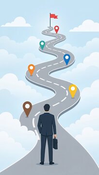 Business career path concept illustration with businessman walking on winding road towards red flag goal with location pins for strategic growth and achievement.
