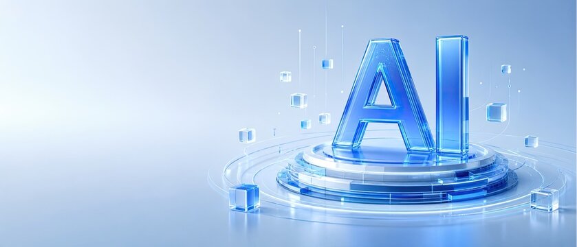 Blue glass artificial intelligence typography 3d rendering on circular platform with floating digital cubes represents machine learning and future innovation.