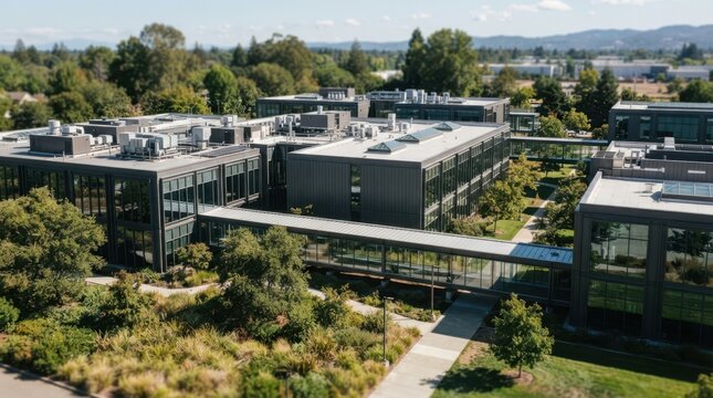 Modular production buildings with covered walkways, rooftop vents, reflective glass, and landscaped buffer