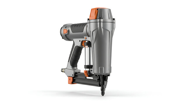 A professional pneumatic finish nailer tool with orange accents is isolated on a white.