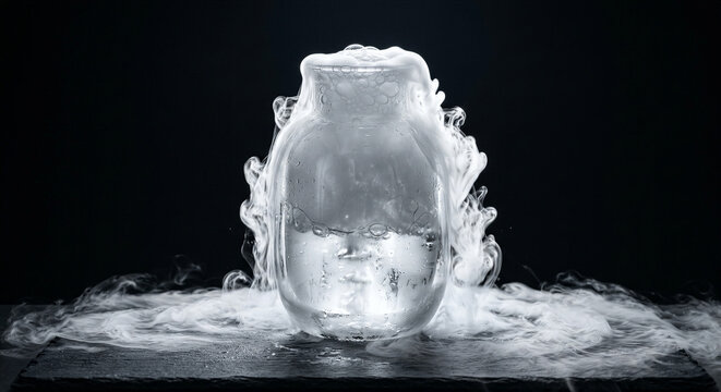 Clear glass cryogenic vessel with thick liquid nitrogen vapor cascading on dark surface for scientific research laboratory experiment concept