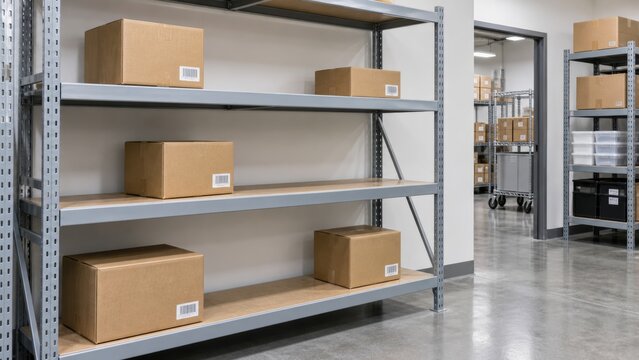 Inventory shortage, warehouse stock, empty shelves with few cardboard boxes in storage room. Low supply, retail scarcity, supply chain disruption, logistics problem, inventory management