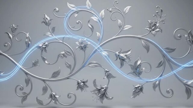 3D silver floral vine with glowing blue neon light streams looping background
