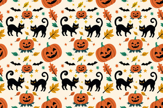 Seamless Halloween Seamless Pattern Background with Black Cat Pumpkin Jack O Lantern Bats and Leaves