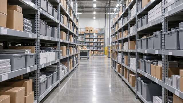 Industrial warehouse with organized small products storage bins and shelving units in facility. concept of efficient storage, logistics management, organization solutions