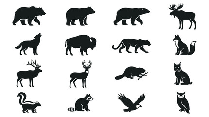 Fototapeta premium Collection of North American Wildlife Silhouettes Including Bears Wolves Deer Moose and More