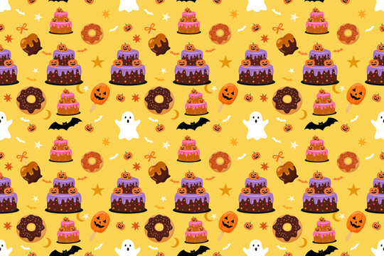 Halloween Seamless Pattern with Spooky Cake Donut Ghost Bat and Stars on Yellow Background.