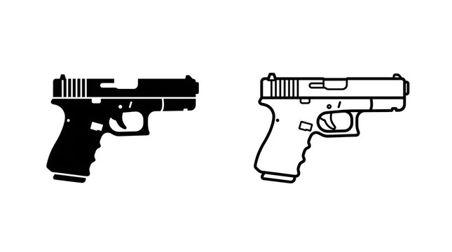 Minimalist semi-automatic pistol icons in solid black and outline vector style set.