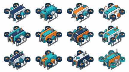 Naklejka premium Sleek Isometric of Futuristic Hexacopter Drones with Vibrant Color Schemes in Various Angles and Designs