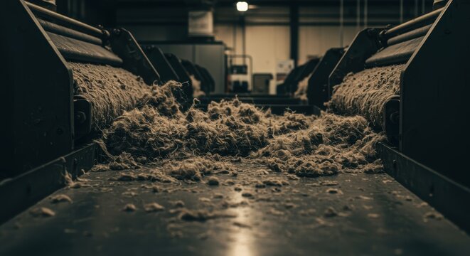 Cotton fiber processing machine moving raw material in industrial factory interior
