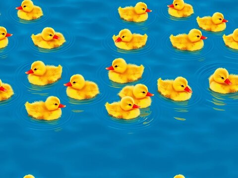 Seamless pattern of playful ducklings swimming in a row, games, designs