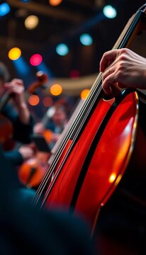 Shallow depth of field captures cello strings being touched by a hand as music flows from instruments on stage, culture, concert