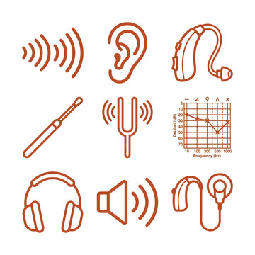 Set of audio and hearing related icons including headphones, ear, sound waves, tuning fork, and audiogram
