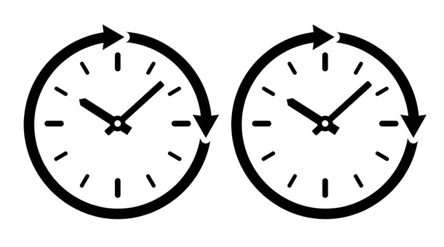 Two black clock icons with circular arrows representing continuous time and 24 hour service.