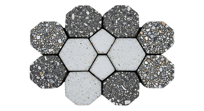 A collection of geometric stone tiles with a mix of speckled dark grey and solid light grey textures arranged in a floral pattern on a white background isolated on a transparent background