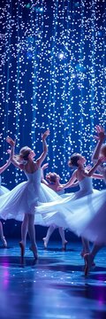 Ethereal ballerinas swirl in unison amidst twinkling lights, shadow, classical