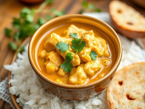 Creamy butter chicken with cilantro garnish in a golden-brown bowl, fresh cilantro, tender chicken