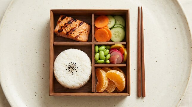 Healthy japanese bento box with rice grilled chicken and fresh vegetables with wooden chopsticks. Japanese lunch container