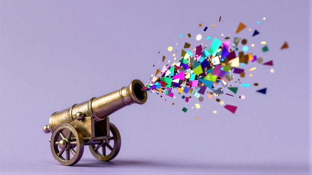 A miniature cannon fires vibrant, colorful confetti against a soft purple background.