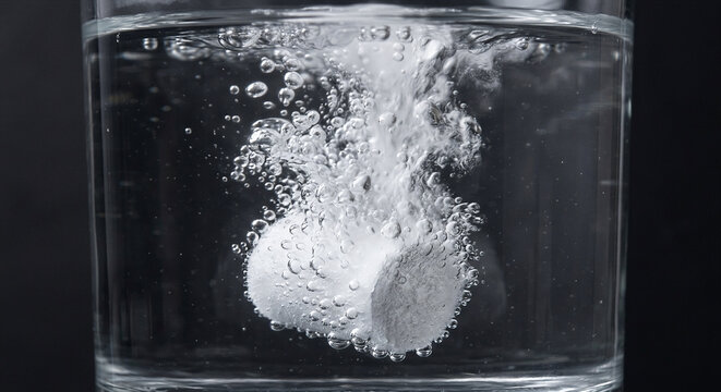 Dry ice pellet sublimating in clear water creating violent gas bubbles, carbon dioxide freeze-frame liquid physics, scientific reaction background