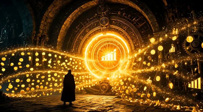 A silhouette faces a magical portal.
