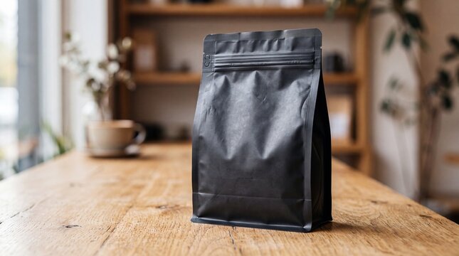 Matte black stand up pouch with a completely blank surface on a wooden table, suitable for coffee, food, snack, supplement, and private label packaging mockup designs.