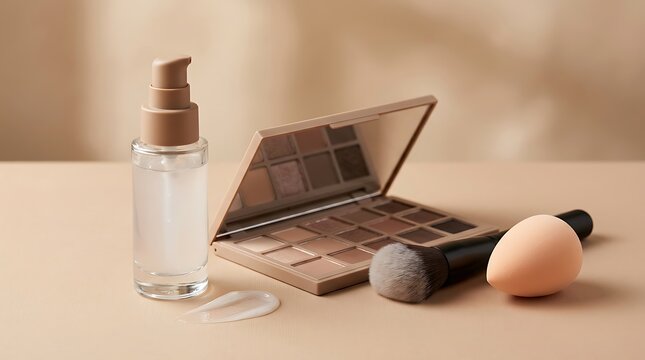 Cosmetic makeup palette with skincare serum bottle and beauty sponge on a beige background. makeup primer tutorial