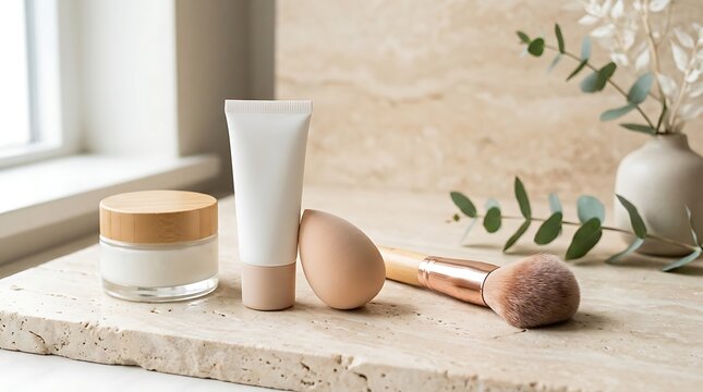 Natural cosmetic skincare cream tube and jar with makeup brush and sponge on a stone table. makeup primer tutorial