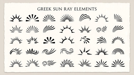 Greek sun ray elements and decorative brush strokes set